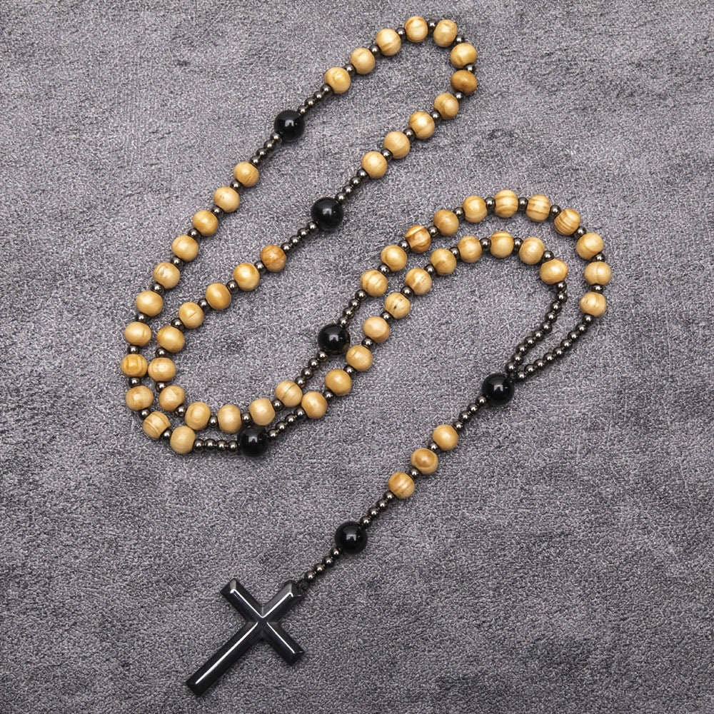 Wholesale Wooden Beads Black Gallstone Cross Religious Long Rosary Necklace